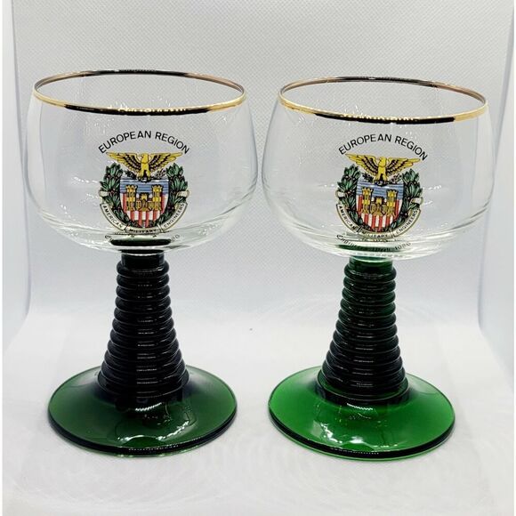 Vtg 2 Wine Glass Goblet Gold Trim Green Swirl Stem Engineers Oberammerg Germany - Picture 1 of 7
